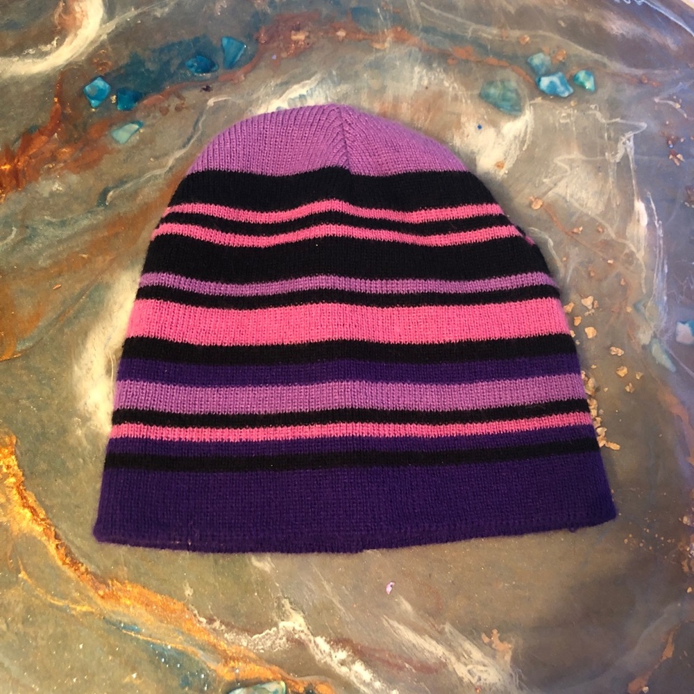 Purple and stripes and solid reversible beanie!